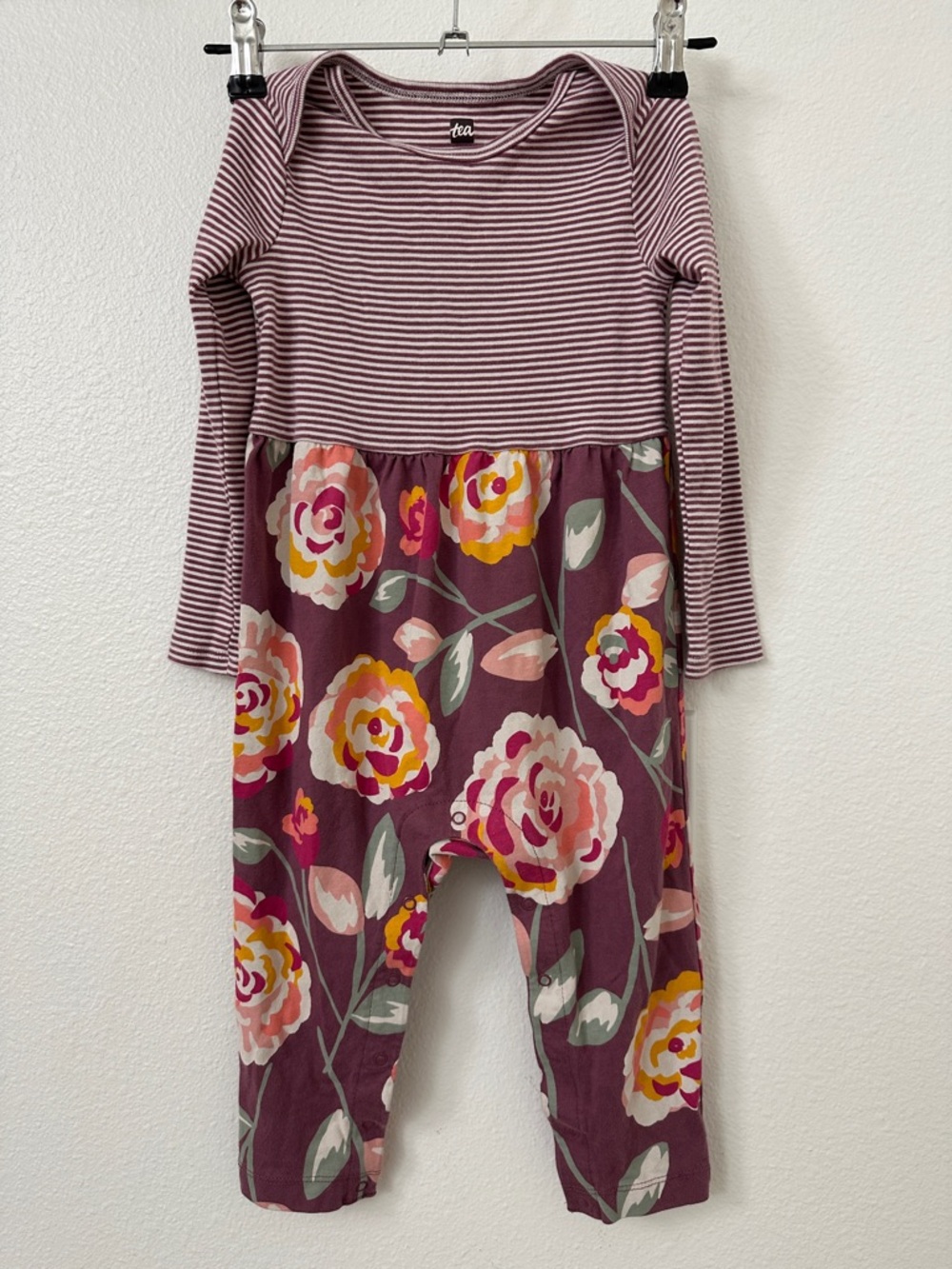Tea Collection Striped Top & Floral Cotton Romper Mauve/Pink Turkish Rose 18-24